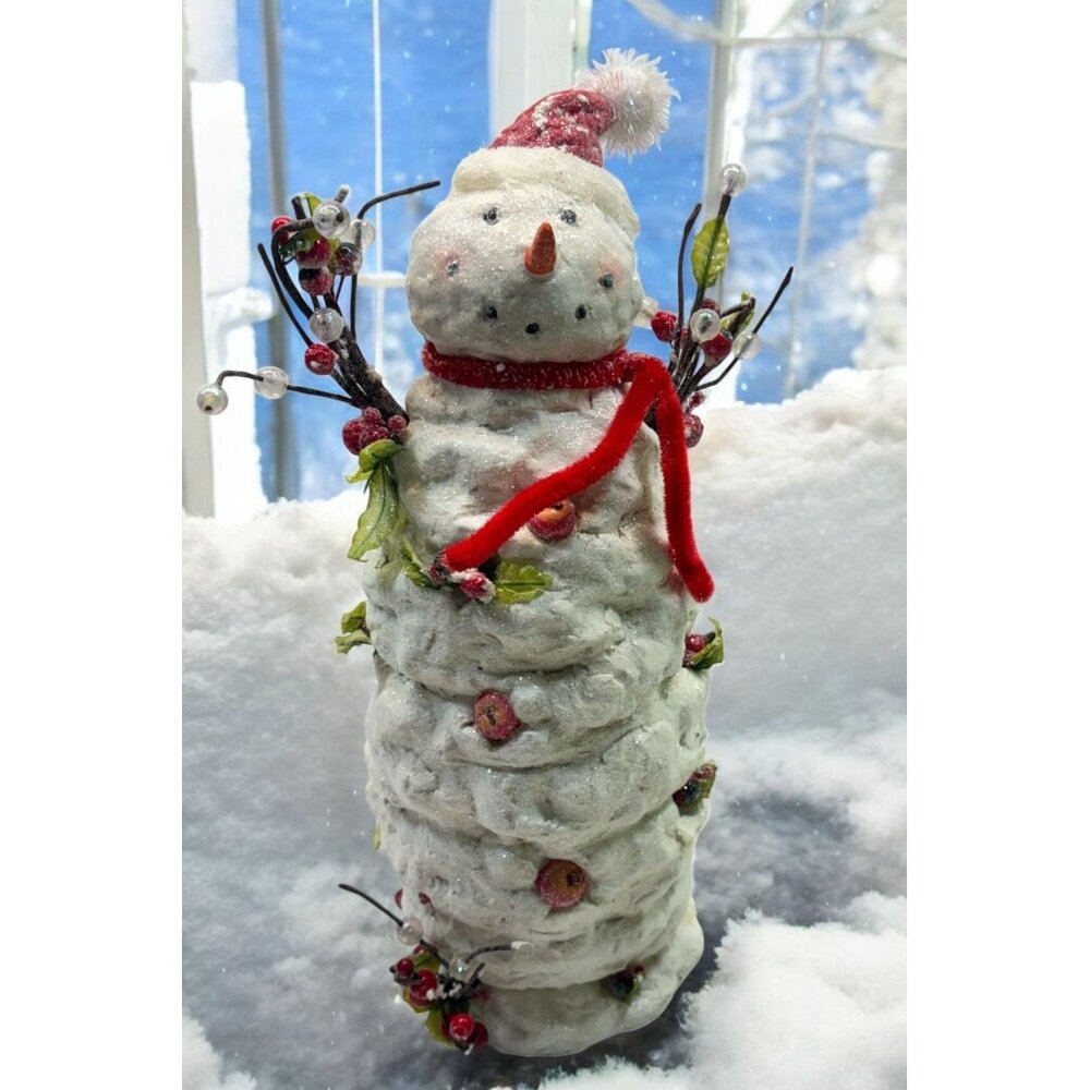 Christmas Snowman Figurine with Berries and Glitter Accents Tabletop Decor